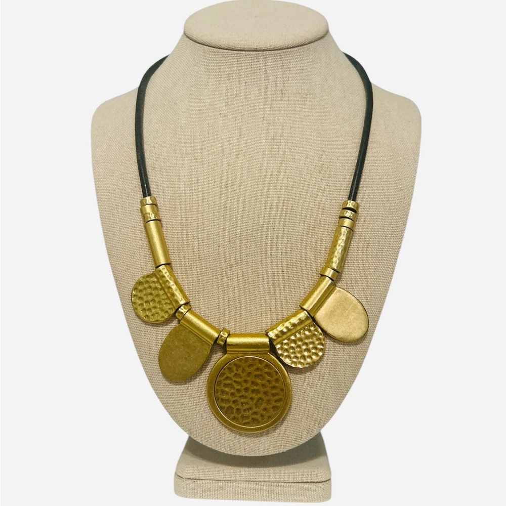 Madewell modern Hammered Gold disc on black leather chain necklace.